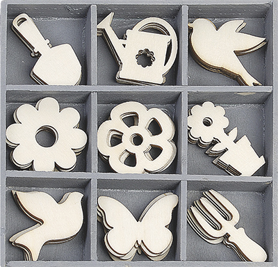Wooden ornaments Gardening Tools, Flowers 10,5x10,5cm 45tk ― VIP Office HobbyART